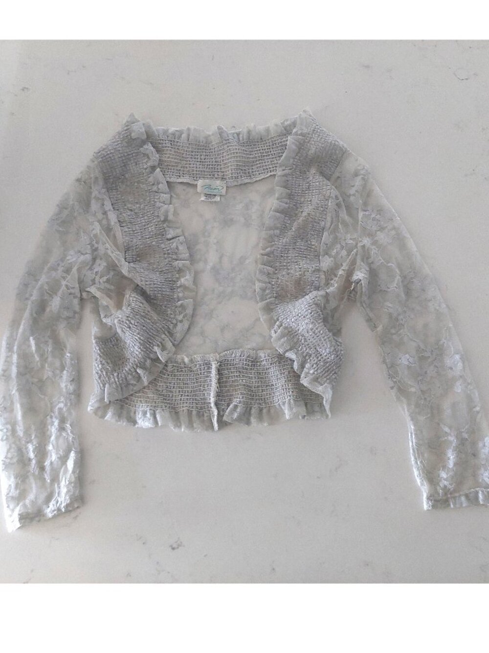 Neon by Bulux USA Sz S Bolo Shrug Jacket Pale Gray Lace Crop Dressy Cardigan